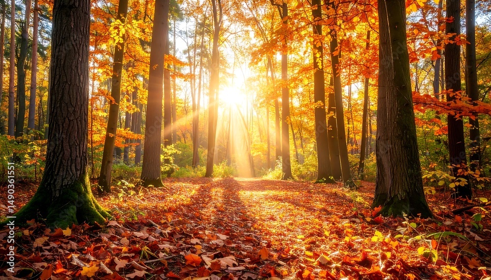 Naklejka premium Autumnal Forest Path: Golden Sunlight Dappling Through Trees
