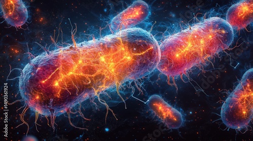 Microbial Cells in Action.  A detailed close-up view of vibrant, energetic bacteria, showcasing complex internal structures and activity
