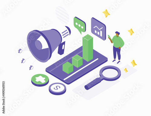 
Character working at content creation, analyzing data, communicate with audience. Digital marketing, advertising, promotion concept. Flat 