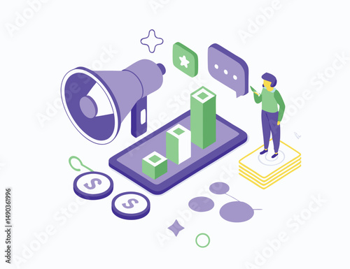 
Character working at content creation, analyzing data, communicate with audience. Digital marketing, advertising, promotion concept. Flat 