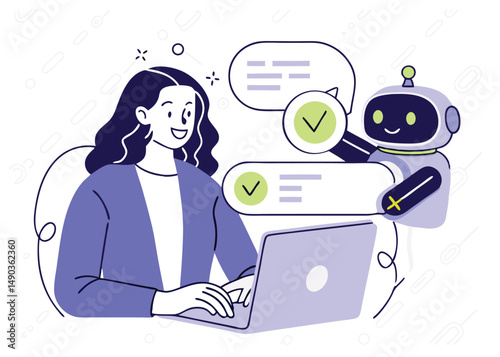Search concept. Character using artificial intelligence generative tools for searching or browsing internet. Woman integrating with robot. SEO