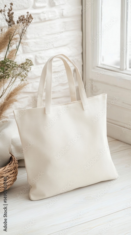 Fototapeta premium Simple and Elegant Cream Tote Bag on Wooden Surface with Flowers