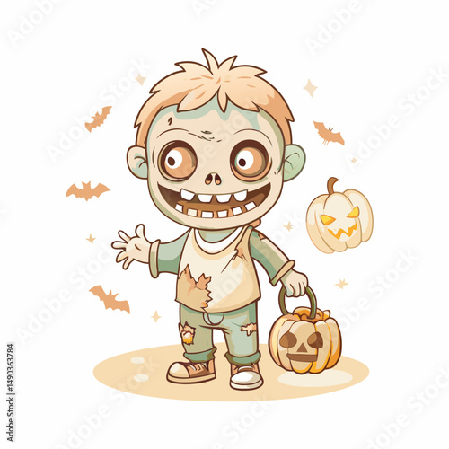 Cute Zombie Child Trick or Treating with Pumpkin Basket Icon