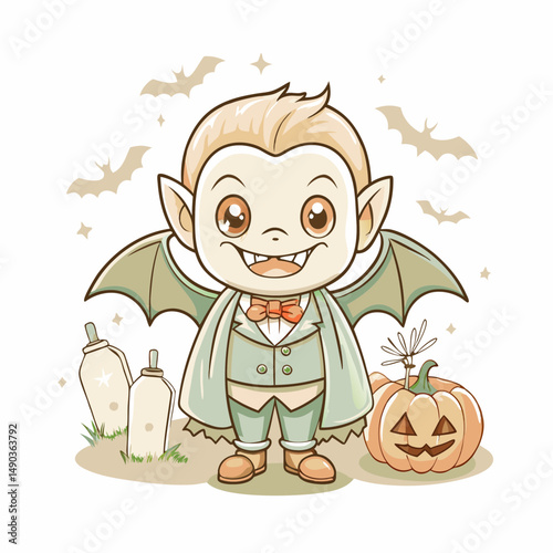 Cute Cartoon Vampire Stock Icon with Bat Wings, Suit, Bow Tie, Pumpkin, Bottles, and Bats