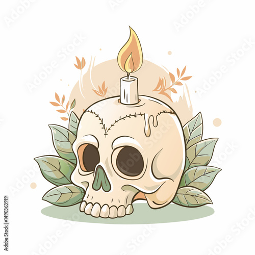 Skull Candle Vector Icon with Leaves and Decor Elements