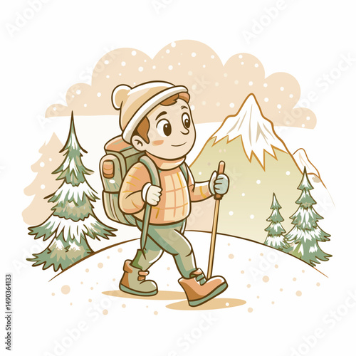 Hiking person icon in snowy mountain landscape with backpack and walking stick