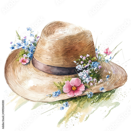 A watercolor illustration of a women's straw hat adorned with delicate flowers, isolated on a white background. Floral summer hat illustration.

