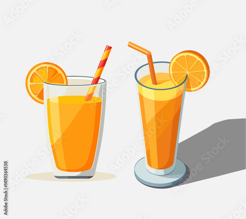 Refreshing orange juice in stylish glasses with straws and orange slices. Perfect for summer, beverage ads, or healthy drink concepts..