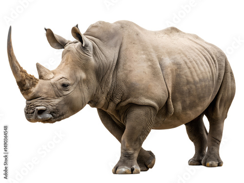 Rhino animal isolated on transparent background. A rhino with a large horn is standing on a transparent background.