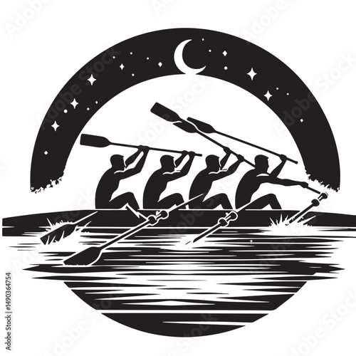 Rowing Silhouette line art vector illustration on white background