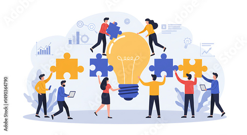Vector teamwork illustration showing people assembling puzzle pieces to create an idea, symbolizing collective effort and innovation.

