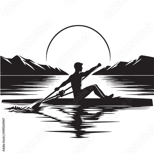Rowing Silhouette line art vector illustration on white background