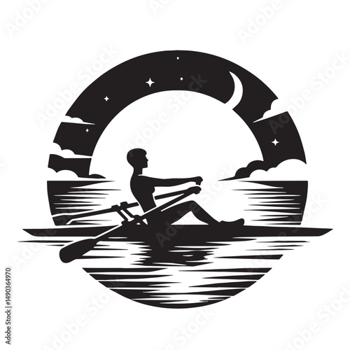Rowing Silhouette line art vector illustration on white background