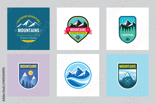 Set of adventure outdoor concept badges, summer camping emblem, mountain climbing logo in flat style. Extreme exploration sticker symbol. Graphic design element. Mountains logo set.