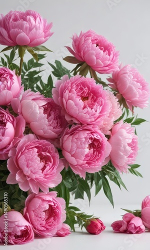 Vibrant pink peonies and roses bouquet, white backdrop  Copy space ,  summer,  wallpaper