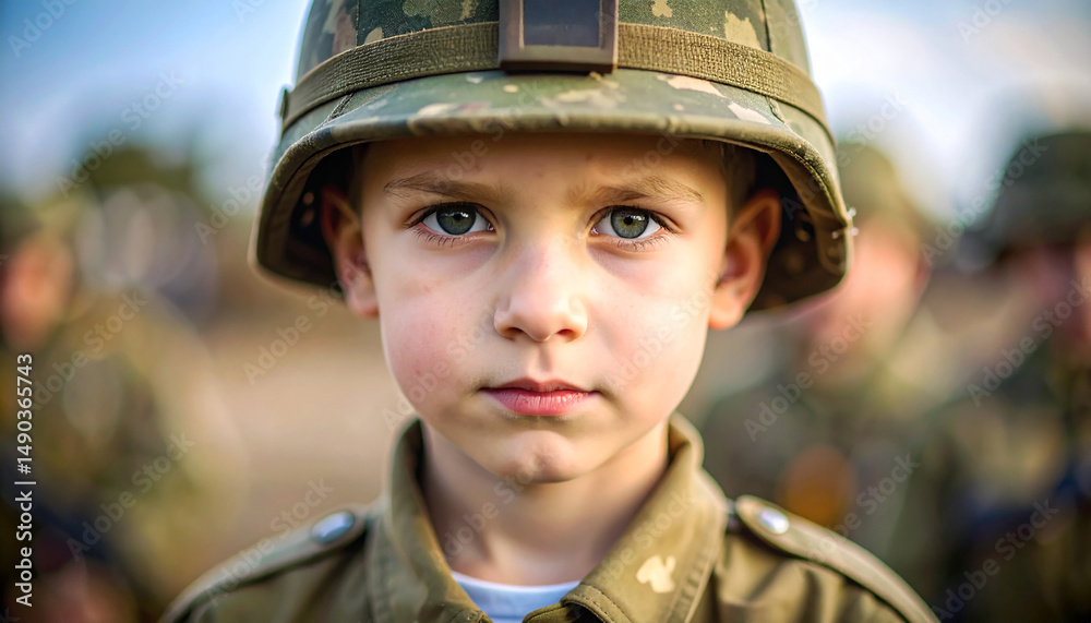 Concept about movement STOP WAR and calling for peace. Close-up of a child in military uniform.
Concept about movement STOP WAR and calling for peace. Close-up of a child in military uniform.