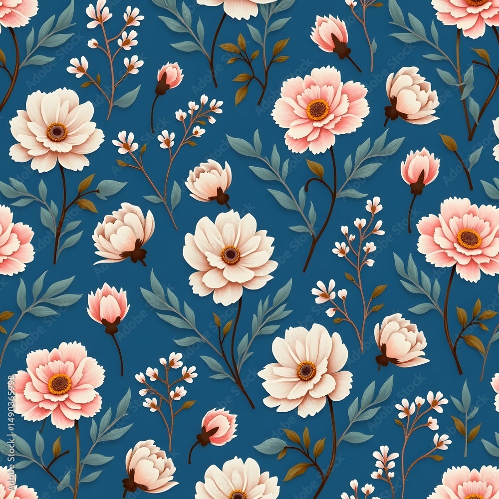 Fototapeta Classic blue floral pattern for carpet and fabric.