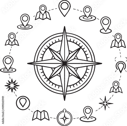 Navigation map location pin icon set line style.
