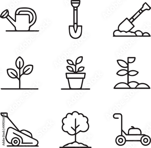 Gardening icon set watering can shovel plant tree lawn mower.