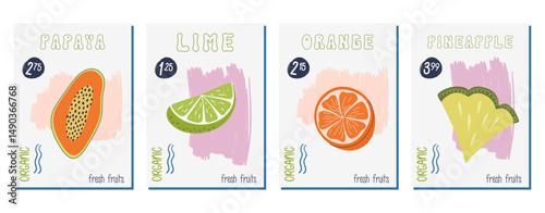 Lime, orange, papaya, pineapple. Vibrant colors fruits posters set. Cute vintage cards, posters, price tags. Hand drawn flat design vector illustrations.
