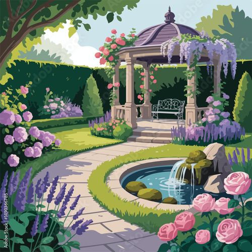 Romantic garden gazebo with flowers and a fountain.