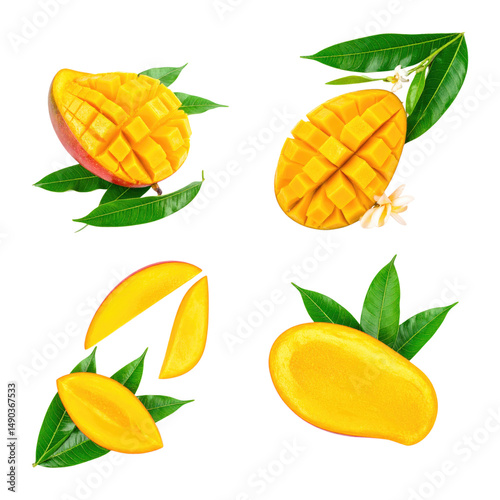 Fresh Mango Halves with Juicy Flesh and Green Leaves on White Background, Isolated on Transparent Background