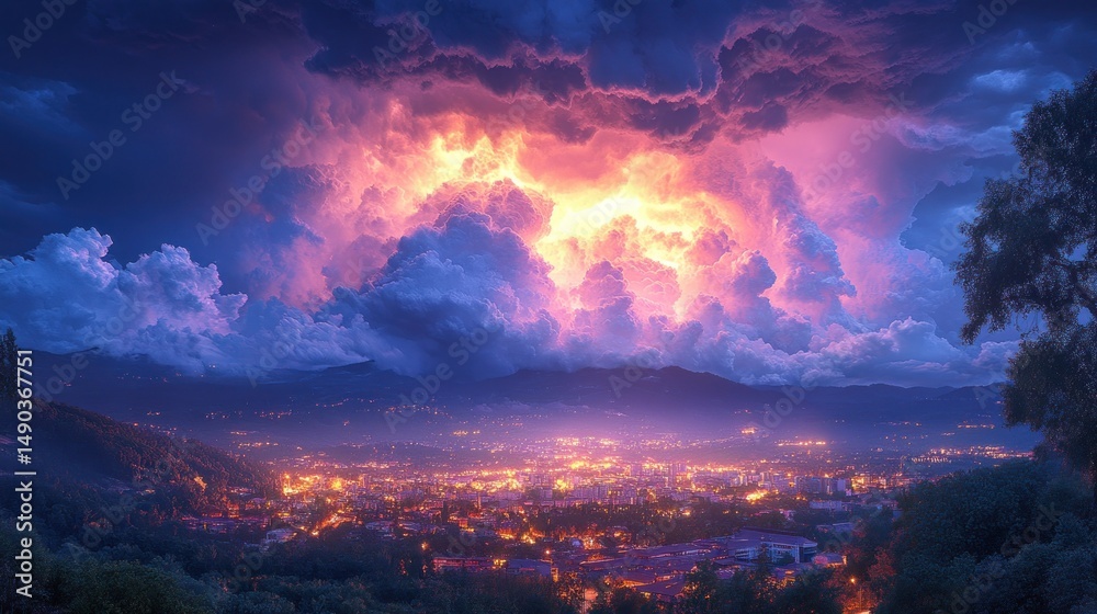 Fototapeta premium Night Cityscape Under a Dramatic Stormy Sky