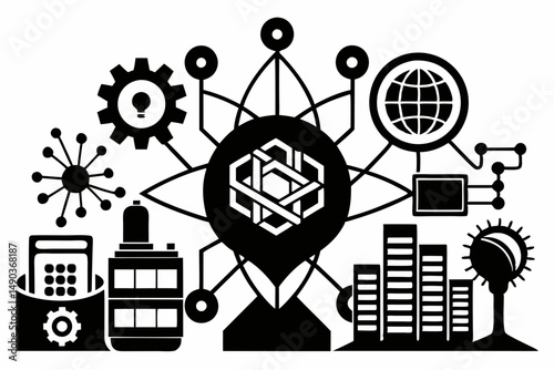 quantum computing silhouette line art vector illustration with a white background
