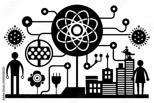 quantum computing silhouette line art vector illustration with a white background