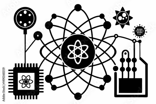 quantum computing silhouette line art vector illustration with a white background
