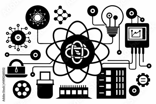 quantum computing silhouette line art vector illustration with a white background