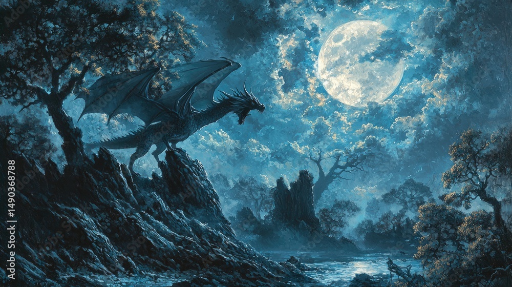 Obraz premium Majestic dragon perched on a moonlit mountainside.