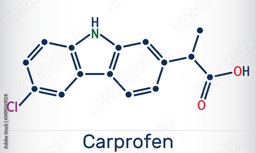 Carprofen NSAID molecule structure, nonsteroidal anti-inflammatory drug used as a veterinary medicine.
