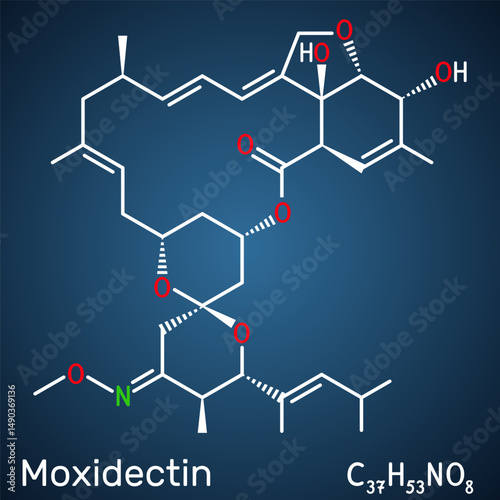 Moxidectin macrocyclic lactone drug molecule. Antiparasitic agent in veterinary medicine, dark blue background