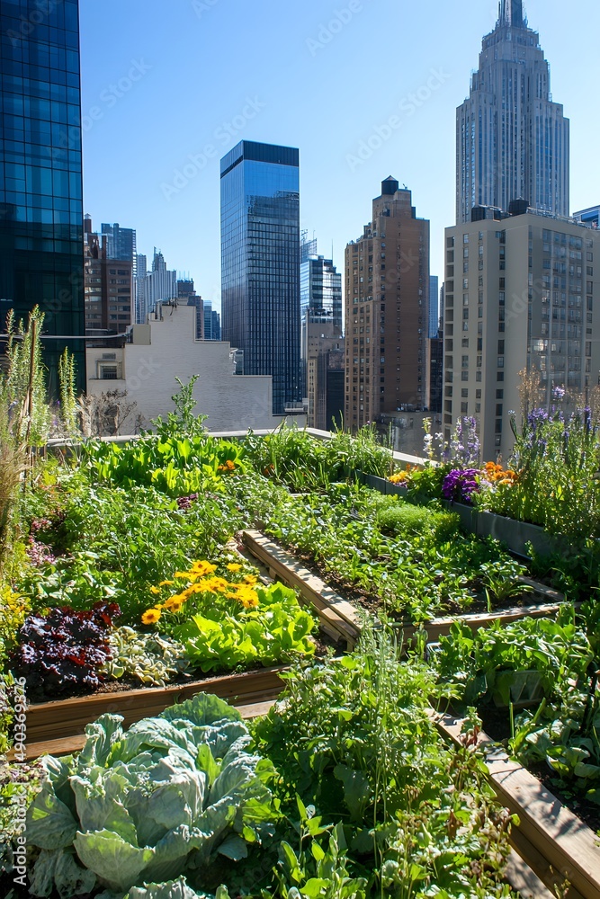 Fototapeta premium Rooftop garden filled with vibrant vegetables and flowers, showcasing urban agriculture amidst towering skyscrapers, illustrating sustainable living in a bustling city environment