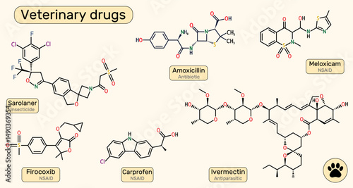 Sarolaner, amoxicillin, meloxicam, firocoxib, carprofen, ivermectin molecule. Veterinary drug, antibiotic, NSAID, insecticide, antiparasitic
