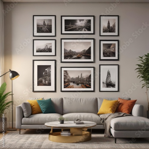 Chic, eclectic framed prints adorn a modern living room wall , sophisticated, comfortable