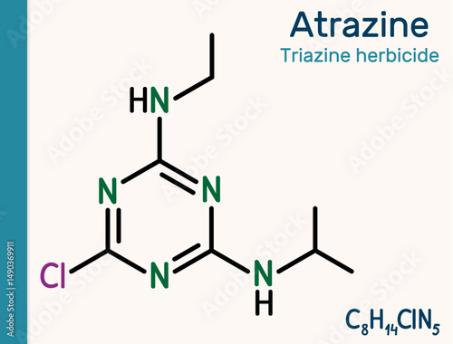 Atrazine molecule. Triazine herbicide used in agriculture for weed control. Structural chemical formula.