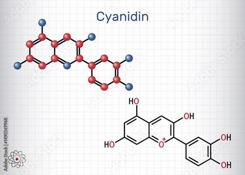 Cyanidin molecule. Cationic anthocyanidin pigment found in berries and plants. Structural chemical formula, molecule model.
