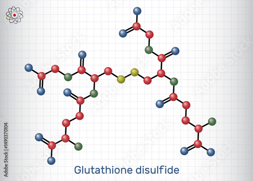 Glutathione disulfide, GSSG molecule. Oxidized form of glutathione antioxidant. Sheet of paper in a cage