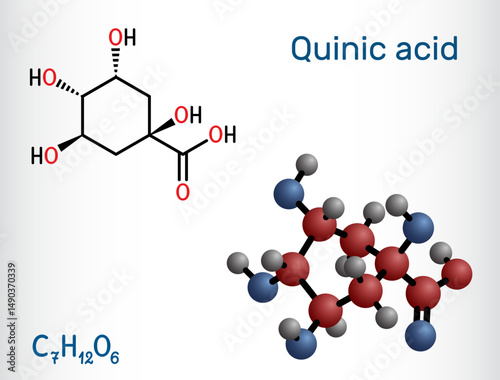 Quinic acid molecule. Natural plant-derived compound with antioxidant and anti-inflammatory properties
