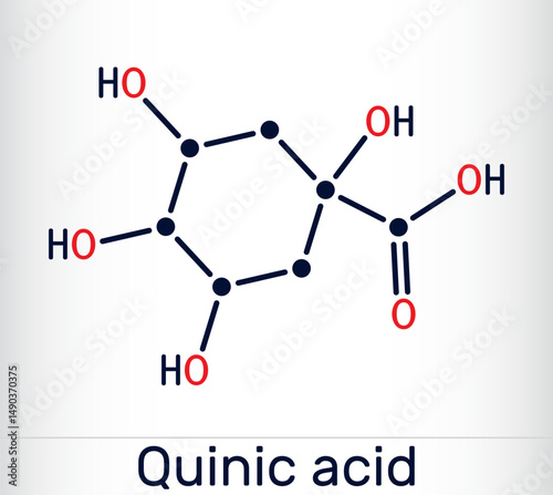 Quinic acid molecule. Natural plant-derived compound with antioxidant and anti-inflammatory properties. Vector illustration