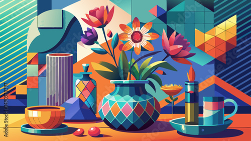 Modern and colorful still life with flowers and geometric shapes