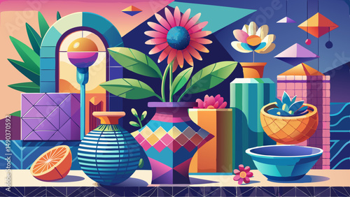 Modern and colorful still life with flowers and geometric shapes