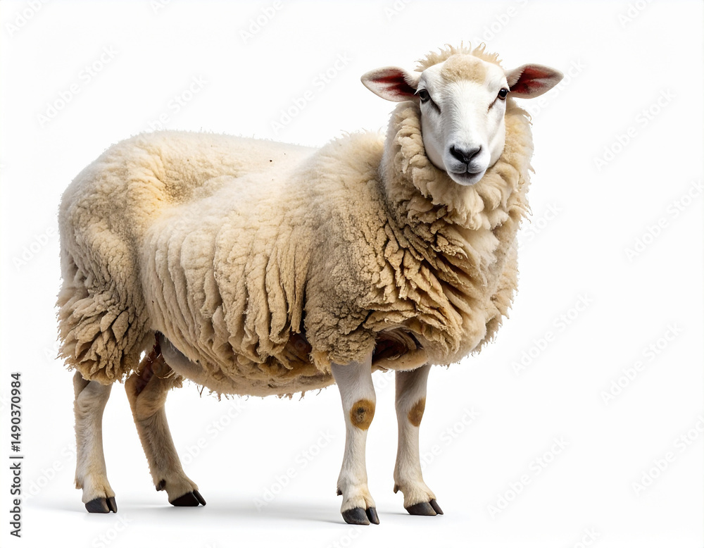 Detailed Side View Illustration of Sheep with Thick Wool Centered on Bright Background – Farm Animal Art