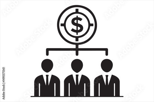 Minimalist black icon of businesspeople and money.