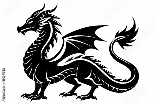 stylized dragon silhouette line art vector illustration with a white background