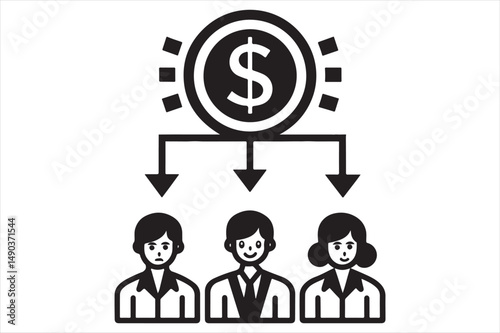 Minimalist black icon of businesspeople and money.