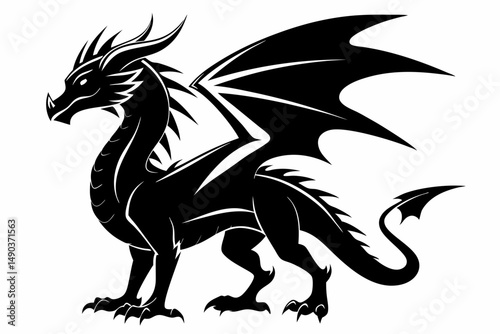 stylized dragon silhouette line art vector illustration with a white background