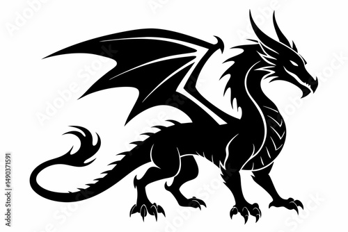 stylized dragon silhouette line art vector illustration with a white background